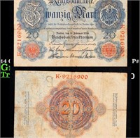 1914 Germany (WWI Era) 20 Marks Banknote P# 46b Gr