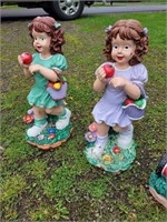 Lawn statue girls collecting apples x2, boy mowing