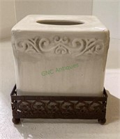 Decorative tissue box cover on pedestal metal