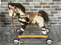 Vintage Plush Riding Pony on Rolling Cart