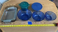 Blue glass mixing bowls, 8x8glass pan,8” x 11.5”