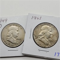 1949 D & 1963 FRANKLIN SILVER HALF DOLLARS
