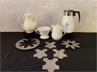 TEAPOT, COFFEE AND TRIVETS