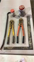 Bolt cutters, pry bar, square, assorted hardware