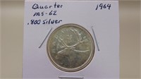 1964 Canadian 800 Silver Quarter  M S 62