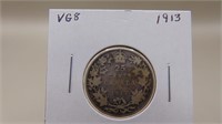 1913 Canadian 92.5 Silver Quarter