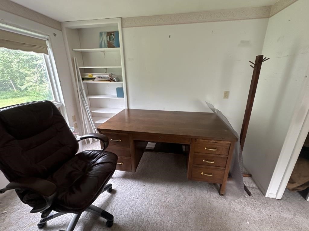 Large desk, coat hanger, office chair