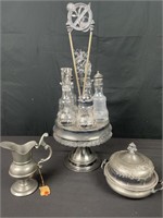 Five jar caster set with pewter creamer and other