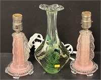 Pair Boudoir Glass Lamps & Art Glass Vase