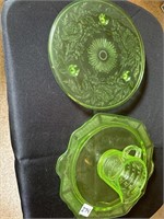 Green depression glassware - 2 cake plates and