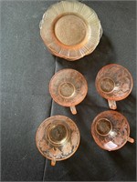 Assorted pink depression glass - 5 saucers & 4