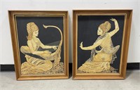 Pair of Myanmar Burma Straw Art Paintings