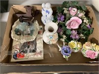 Tray Lot - Fugurine, China Flowers, Vase Etc