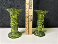 Fenton Green Glass Hand Vases (2)