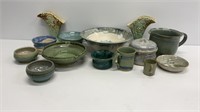 Pottery lot: some signed. Bowls, cups, planters