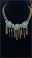 Gold tone green rhinestone chain link necklace