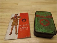 Boy scouts book, first aid tin box.