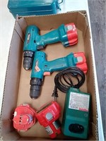 Group of Makita cordless drills with batteries