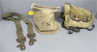 Army ratchet strap, WWII USMC bag, WWI water bag.