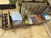 WOODEN BENCH, DRILLBITS,  SNAP RING, PLIERS,