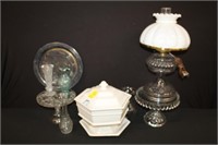 Misc Lot; Electrified Oil Lamp w/ milkglass shade,