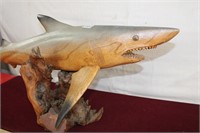 Carved Wooden Shark & Stand 40"l
