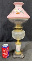 Antique Hand Painted Glass & Metal Oil Table Lamp