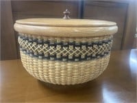 Wood Weaved basket with wood lid, signed