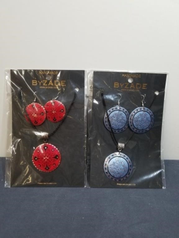 2 Sets of Earrings and a Necklace, Red, Blue,