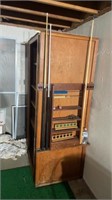 Wooden cabinet w pool sticks & stand
