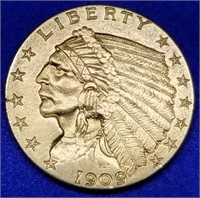 1909 US $2.50 Gold Indian Quarter Eagle BU