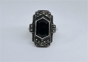 Art Deco 1920's Onyx Marcasite 925 Ring