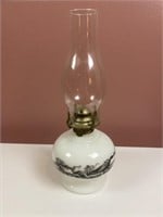 Milk Glass Currier & Ives Oil lamp, 15”