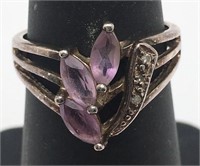 Sterling Silver Ring W Clear & Purple Stones