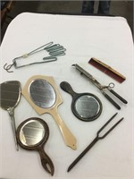 Vintage mirrors, curling iron, and glove holders