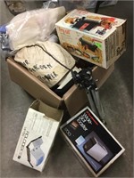 Miscellaneous kitchen items, tripod, and other