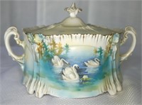 RS Prussia Swans on Lake Covered Dish Biscuit Jar