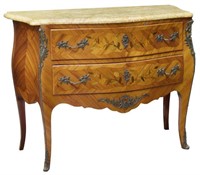 LOUIS XV STYLE FLORAL MARQUETRY MARBLE TOP COMMODE