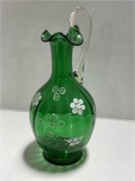 Hand Painted Green Glass Pitcher, 10 "