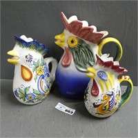 (3) Italian Pottery Rooster Pitchers / Creamers