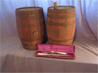 MOTHER OF PEARL CARVING SET, 2 SMALL BARRELS