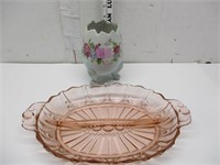 Pink Divided Serving Dish and Hand Painted Egg