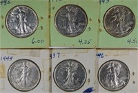 6-AU/UNC WALKING LIBERTY HALF DOLLARS