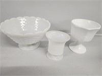 White milk glass candy dishes and vase