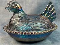 Blue Iridescent Carnival Glass Hen on Nest