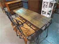 WROUGHT IRON & WOOD SIDE TABLE W/ 2 CHAIRS