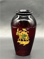 Anchor Hocking Ruby Red Vase w/ Gold Image of