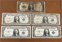 FIVE Total $1 Dollar Silver Certificates 1928B,