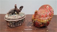 2 Pcs ceramic - turkey and chickens on a nest -