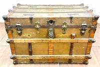 Antique Wood Steamer Trunk With Metal Accents